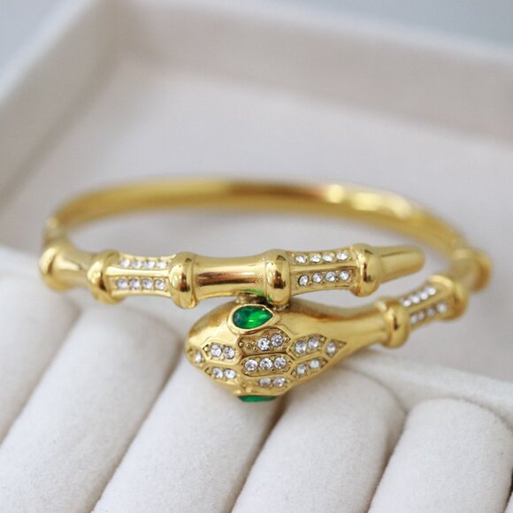 Snake Style with Rhinestones Bangle Bracelet 18k Gold Plated Stainless Steel - Picture 2 of 3
